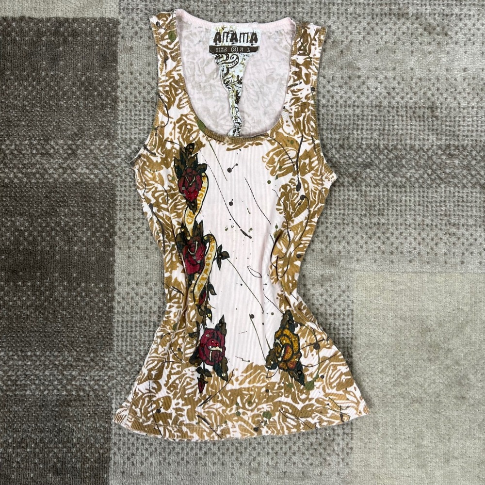 Y2K Atama Womens Size S Tank Top Roses Tattoo Art Ribbed Knit Pink Gold